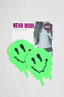 Neva Nude Good Times Neon Green Blacklight Drippy Smiley Face Nip Covers Rave